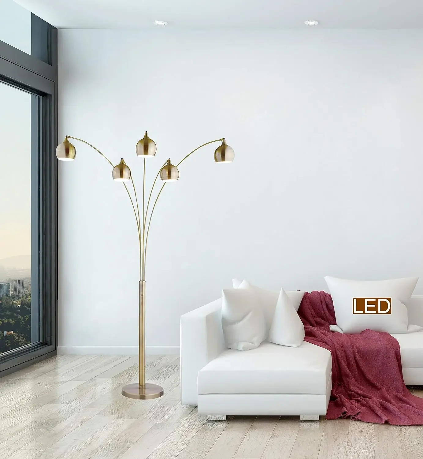 USA-Arched LED-Stehlampe mit Dimmer, Antik-Satin-Messing