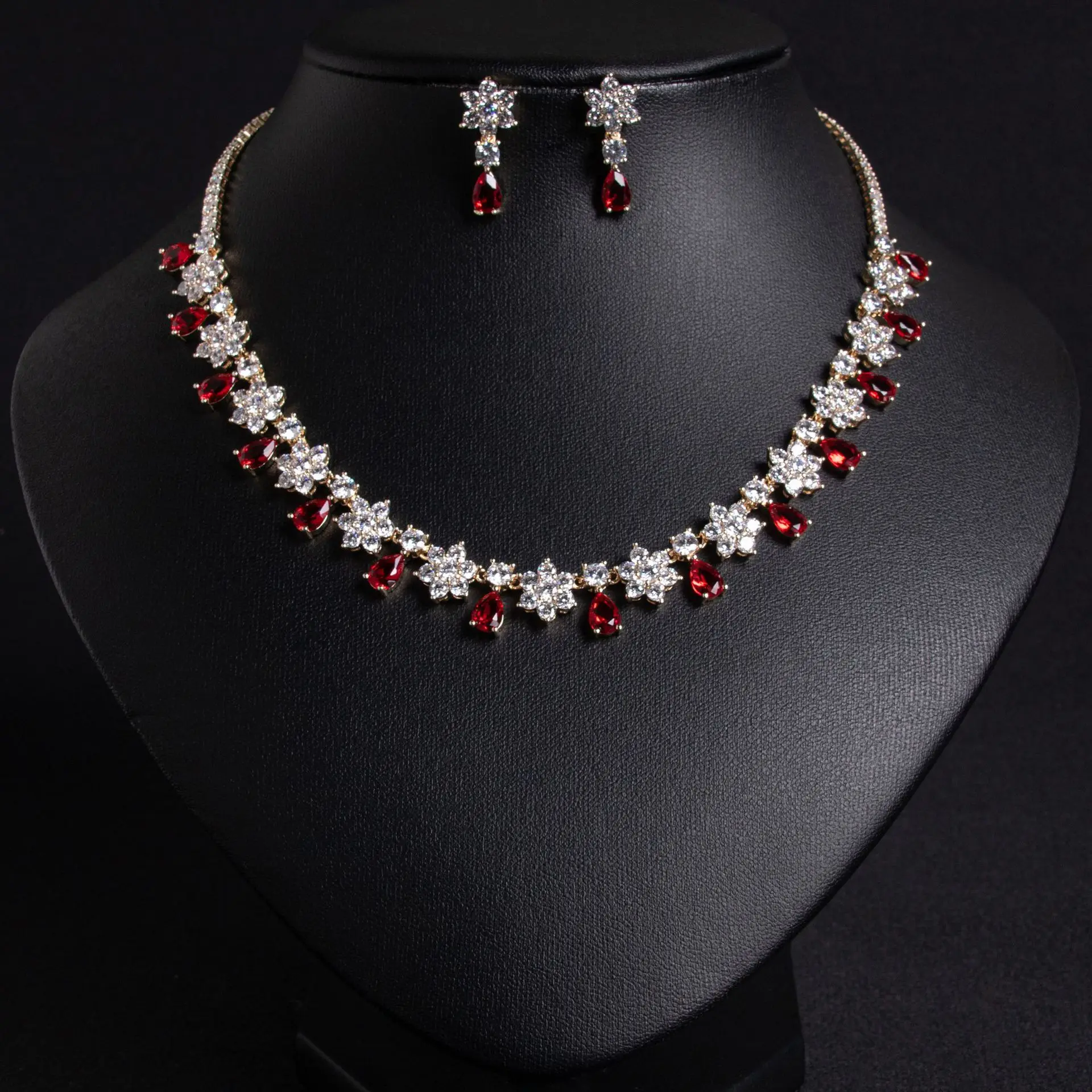 

Cross-border new colorful treasure bridal zircon jewelry set, set with AAA zircon bridal necklace necklace earrings two-piece se