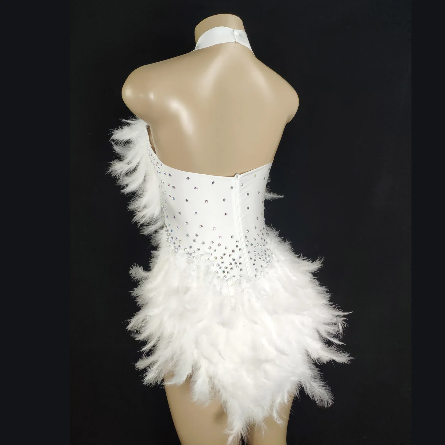 Sexy Suspenders White Feather Dress Colorful Rhinestone Backless Jumpsuit Nightclub Party DJ Stage Performance Costume