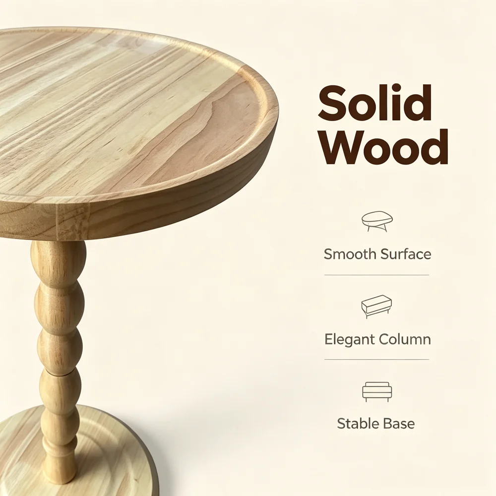 Nordic Style Solid Wood Side Table Eco-friendly Natural Wax Oil Minimalist Bobbin Column Round End Table Rubberwood Accent Table