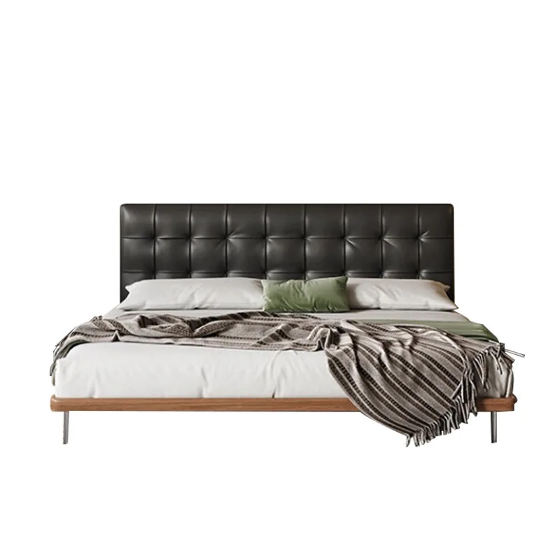 

Italian Minimalist Leather Bed Light Luxury Modern Simple Black Waffle Bed Vintage Flush Bed