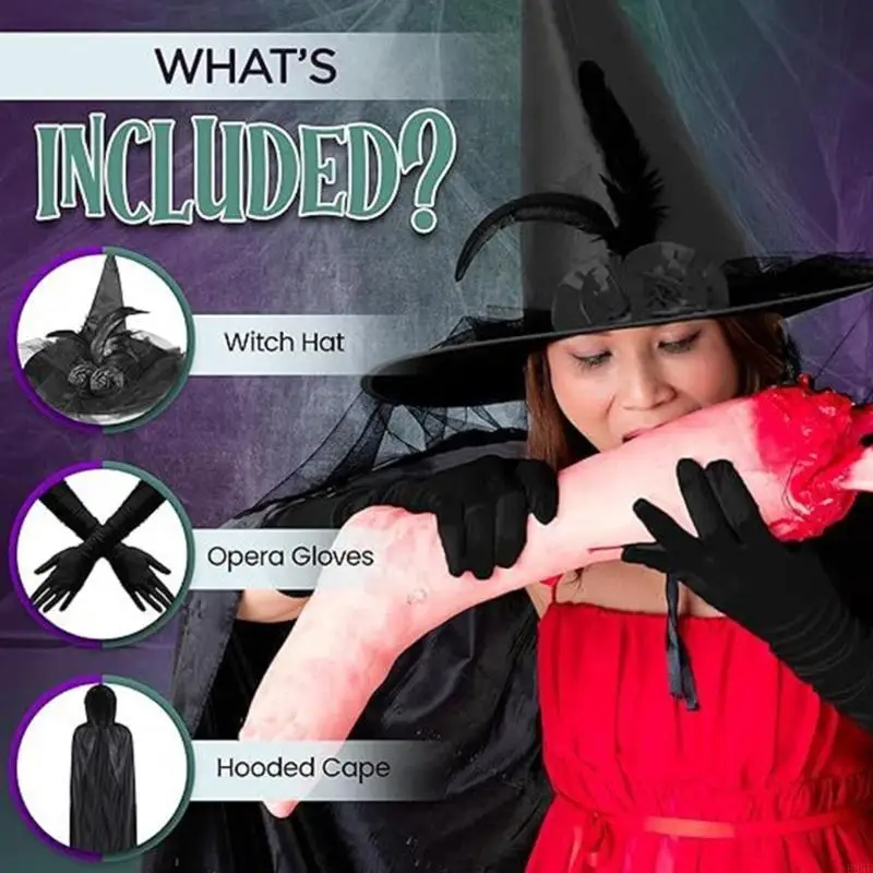 

B95F Women Witch Hooded Cloak Feathered Witch Hat Long Gloves Adult Witch Costume Accessory for Women Halloween Cosplay