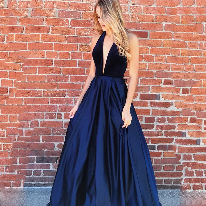 

On Zhu Navy Blue Long Evening Dress Halter Backless Floor Length Sexy Prom Party Gowns High Quality Arabic Women Dresses