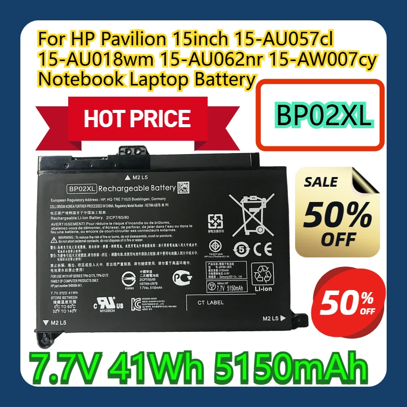 

For HP Pavilion 15inch 15-AU057cl 15-AU018wm 15-AU062nr 15-AW007cy BP02XL 7.7V 41Wh 5150mAh Notebook Laptop Battery