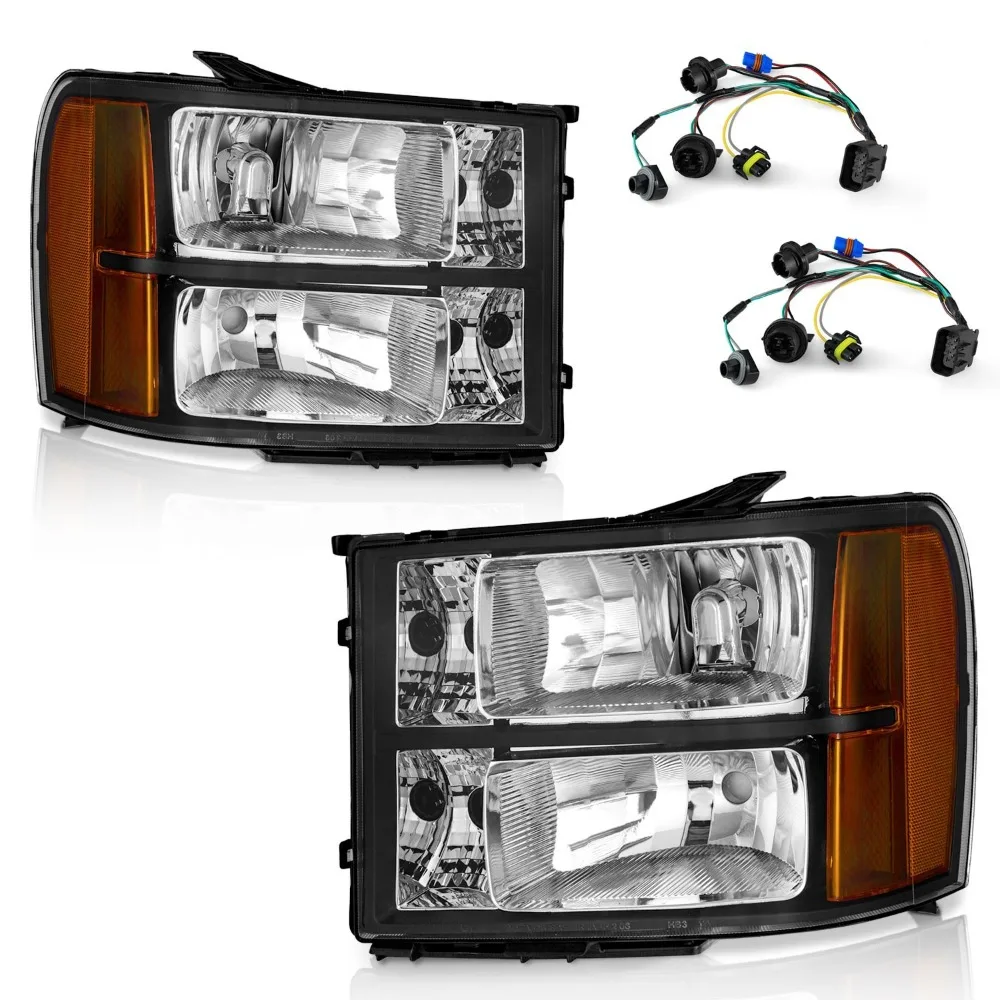 

Pair Headlights Black For 2007-2013 GMC Sierra 1500 2500HD 3500HD w/o Bulbs