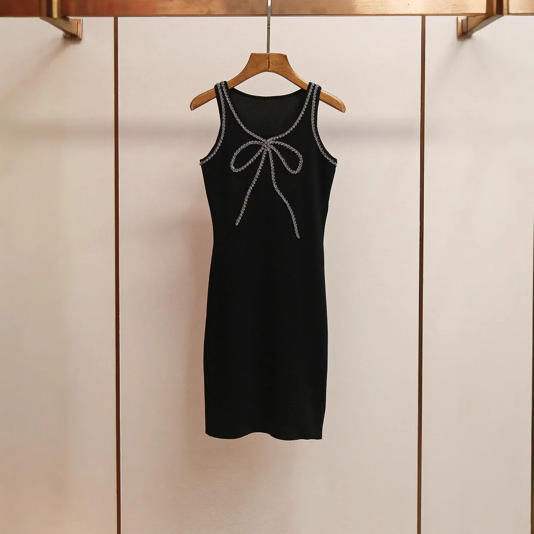 

High-End Summer New Vintage Miss Rich Embellied Knot Vest Dr Women's Faion Ele Color Commute Sle