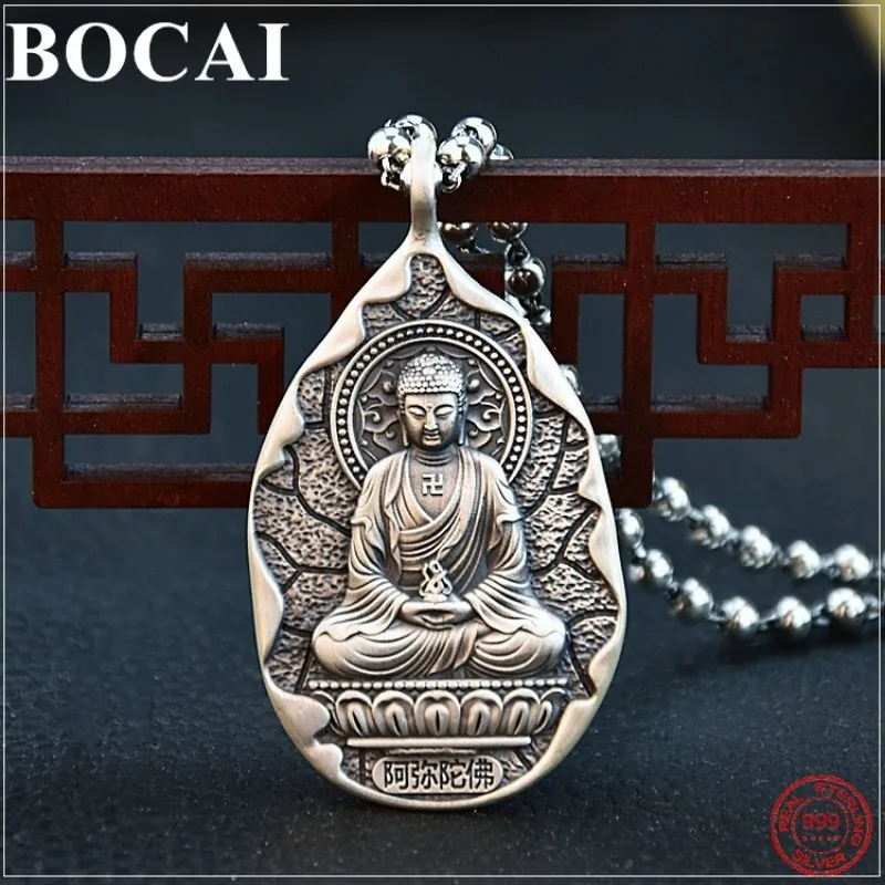 

BOCAI 100% S999 Sterling Silver Pendant Leaf Shape Life Guardian Buddha Pure Argentum Six Character Truth Amulet For Men Women