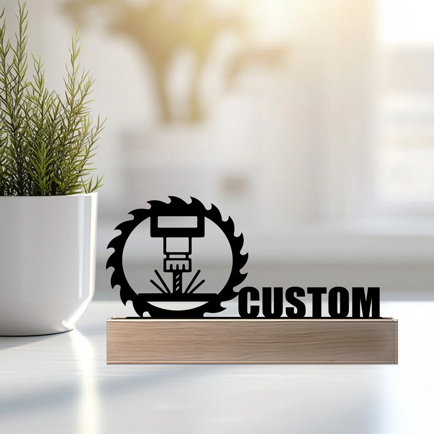 1pc Simple Electric drill and gears Custom Name Metal Statue With Wood Base Iron Ornament Metal Sculpture With Wood Base