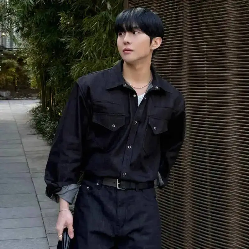 Korean Style Men's Shirts Turn-down Collar Solid Color Casual Long Sleeved Tops Pocket Single Breasted Trendy Shirt 9DSCN