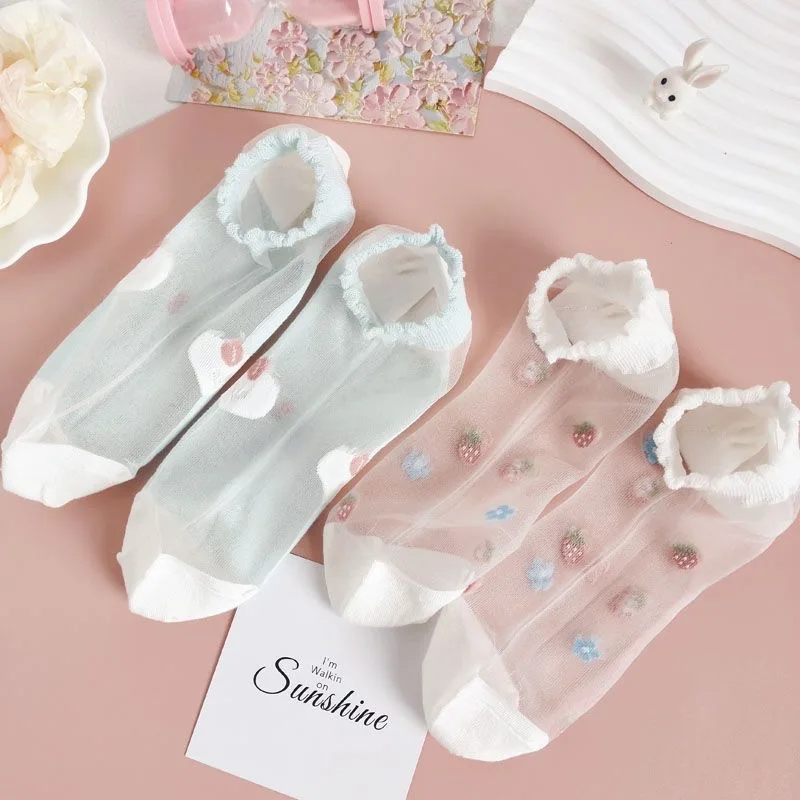 5/10 Paar Damen-Socken mit Blumenmuster und Spitzenrand, Sommer, dünn, atmungsaktiv, bequem, niedlich, Blumenrand, transparent, lässige Socken – Detail 7