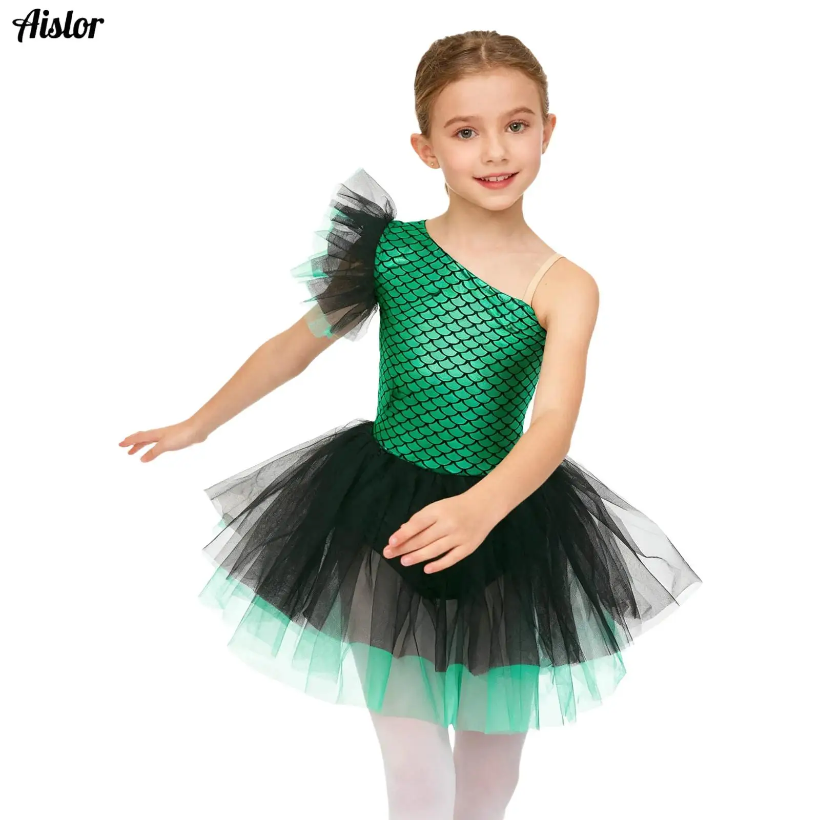 

Girls Ballerina Dress Halloween Mermaid Fish Scales Print One Shoulder Sleeveless Tutu Dress Ballet Dance Leotard Dancewear