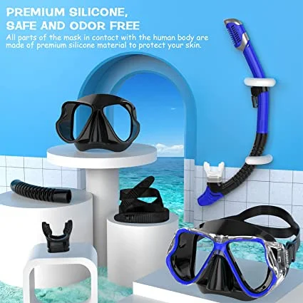 Junhaiins Snorkeling Set Anti-Fog Silicone Tempered Glass Diving Mask, Adult Goggles Leak-Proof Snorkeling Mask for Man