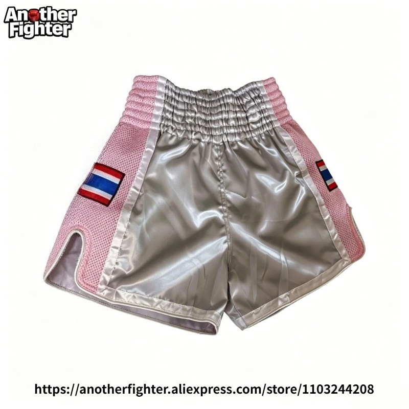 Muay Thai Shorts for Men Women Kids Gray Pink Satin Kickboxing Shorts Thailand Flag Elastic Waist MMA Sparring Training Trunks