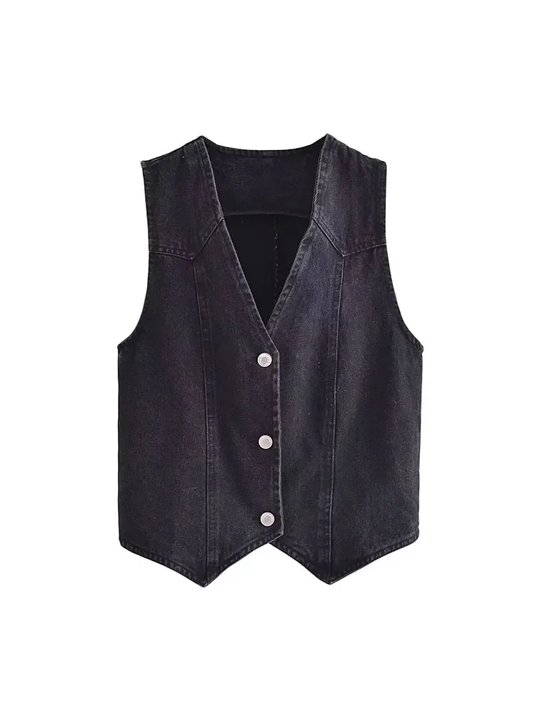 2024 Summer Women Fashion Front Button Denim gilet Vintage scollo a V senza maniche capispalla femminile Chic Tops