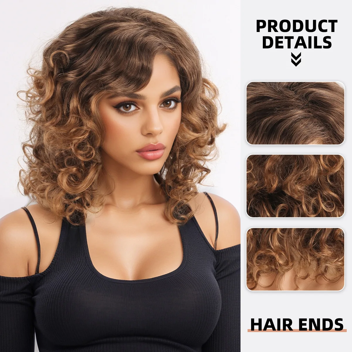 Synthetic Curly Wool Mid Short Wig Fluffy Natural Volume with Side Bang Anime Cosplay Daily Party Headwear Hairpiece