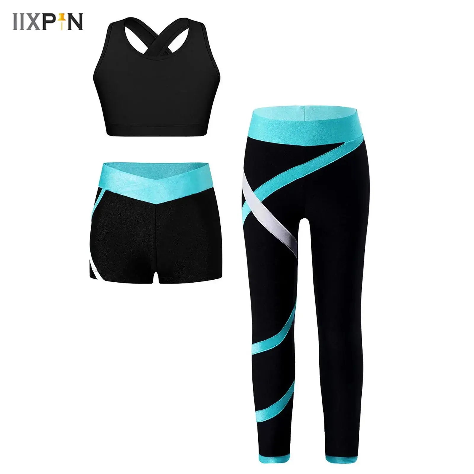 

3Pcs Kids Girls Figure Skating Bra Tops+Pants Set Tank Top Shorts Leggings Trousers Gymnastics Training Practice Fitness Suit