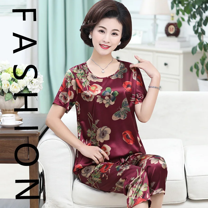 

Пижамы из ледяного шелка, женские весенне-летние тонкие костюмы с короткими рукавами, летняя повседневная домашняя одежда для мам среднего и пожилого возраста, может