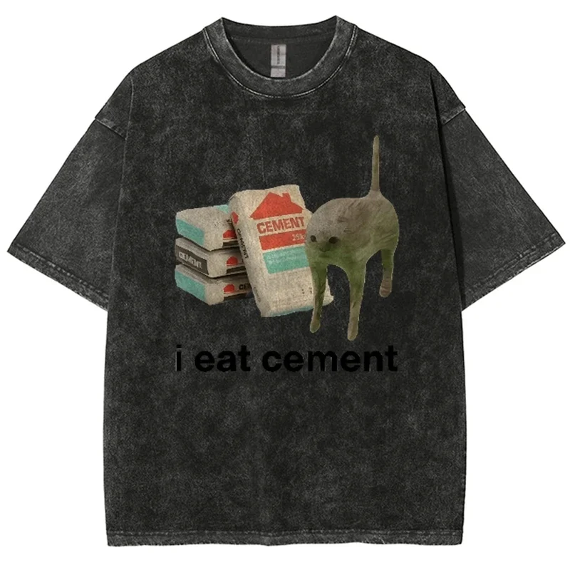 I Eat Cement Curse Cat Funny Expression Pack Washed T-shirts Men's and Women's Fashion Humor Short Sleeve T-shirts Tops