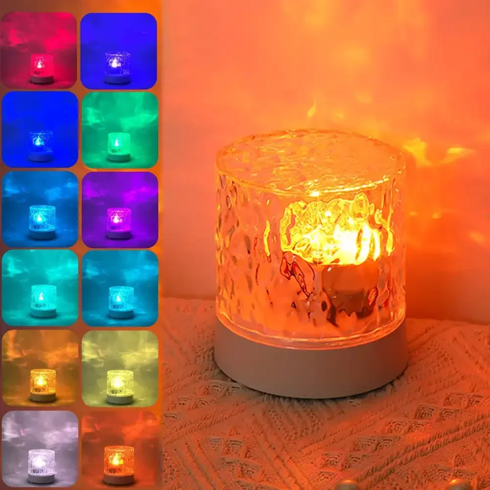 LED 물 잔물결 분위기 야간 조명, USB 회전 프로젝션 크리스탈 테이블 램프, RGB 조도 조절, 침실 침대 옆 게임 룸 선물