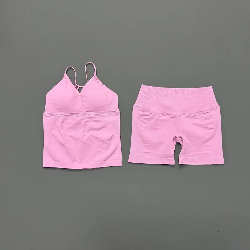 HISTELLO Vision Sportsets für Damen Nahtloses Twist-Front Longline-Top Bauchkontrolle Cross-Shorts Anzug Biker Gym Workout-Set – Detail 15