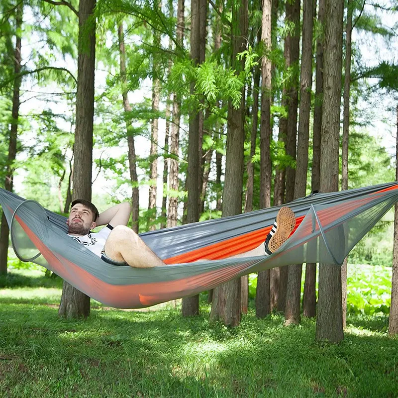 Outdoor Super Light Camping Hammock 260x140cm Parachute Cloth Pole Mosquito Net Hammock Travel Leisure Portable Hammock Swing