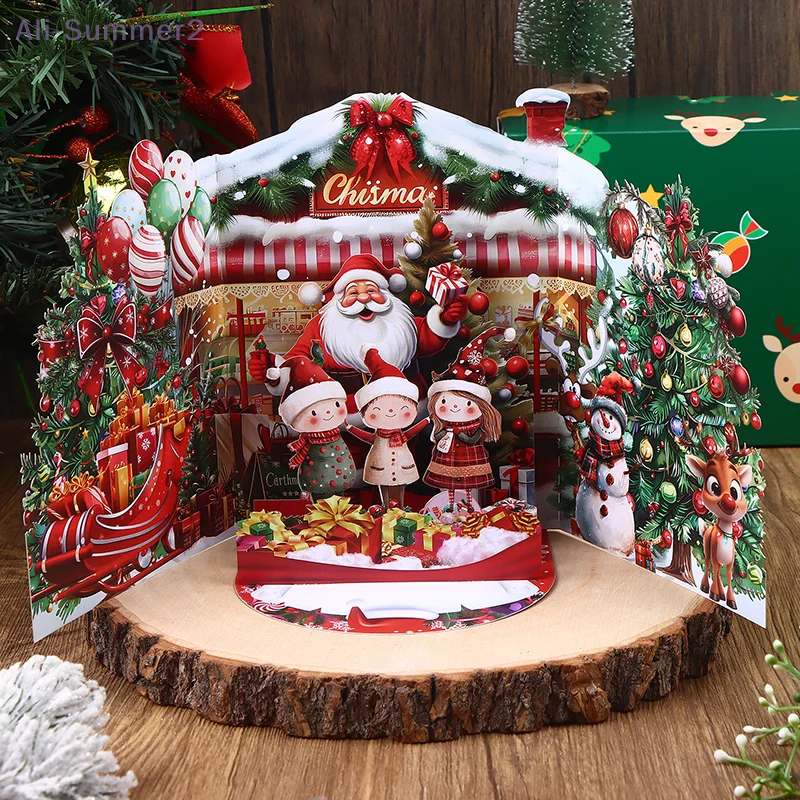 قطعة واحدة من بطاقة عيد الميلاد ثلاثية الأبعاد مع منزل شتوي ثلجي ومغلف بتصميم سانتا كلوز يتضمن تحية احتفالية لأصدقاء العائلة #1