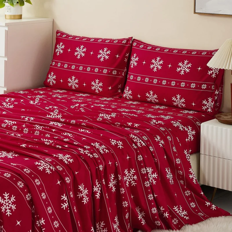 Christmas holiday printed snowflake pattern bedding set of 3 (1 duvet cover 2 pillowcases) red/white snowflakes