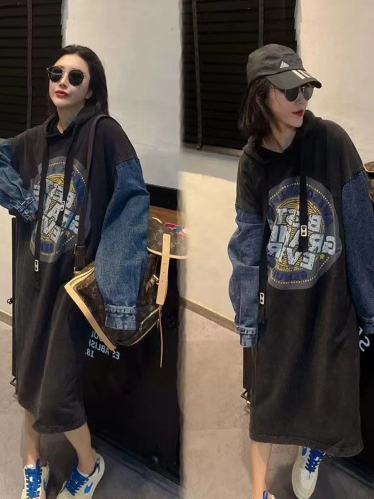 

Корейское джинсовое худи больших размеров для женщин, свободное, скрывающее недостатки фигуры, осеннее, новое, повседневное, комфортное, длинное платье