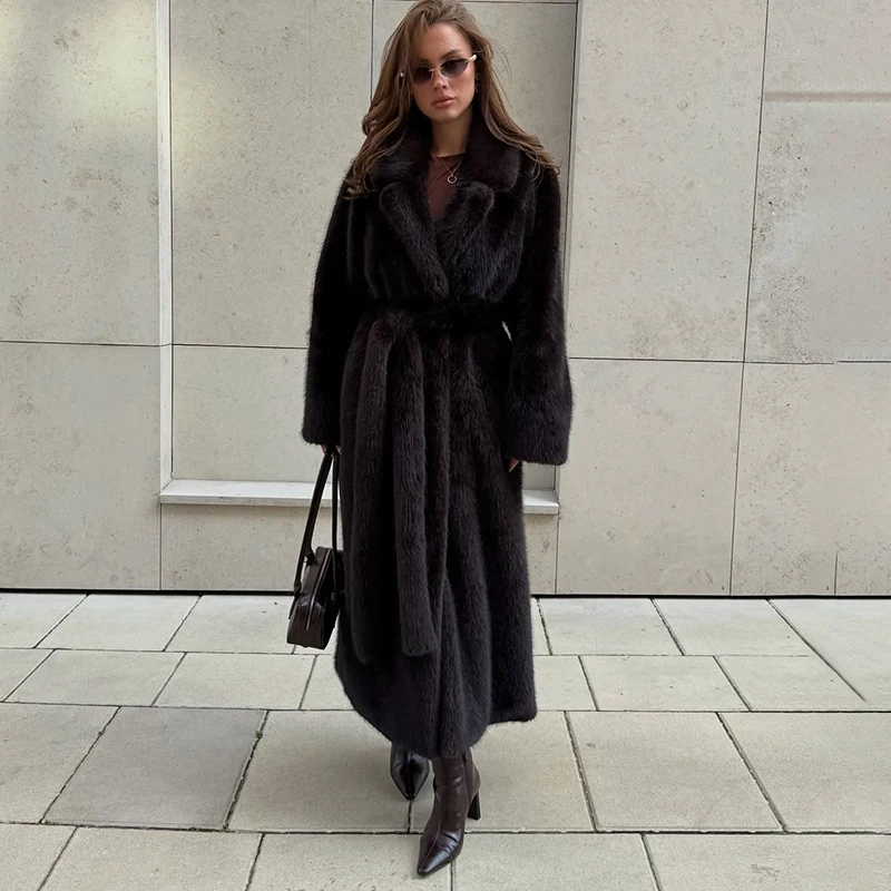 トルノバ レトロ フェイクファー ロングコート レディース レースアップ 厚手ジャケット 2025 秋冬 ふわふわ プラッシュ 暖かい ラペル ヴィンテージ アウター