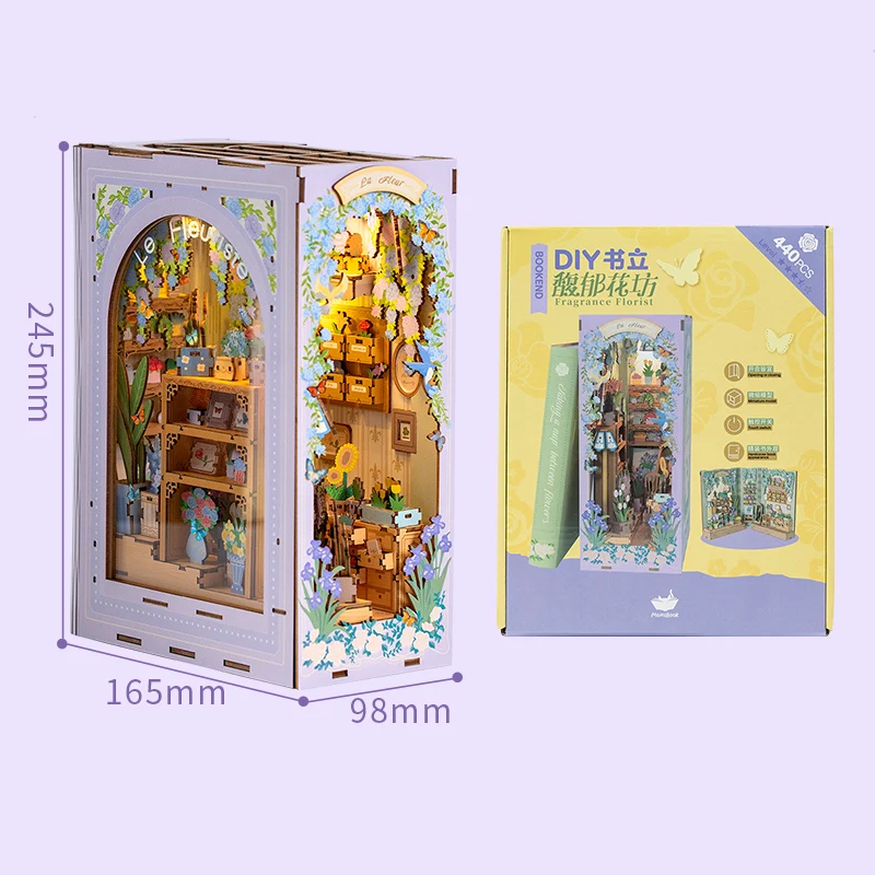 DIY Houten Boekenhoekje Plank Insert Kit Geur Bloemist Boekensteun Miniatuur Model Kits Bloem Boekenplank voor Vrienden Verjaardagscadeautjes