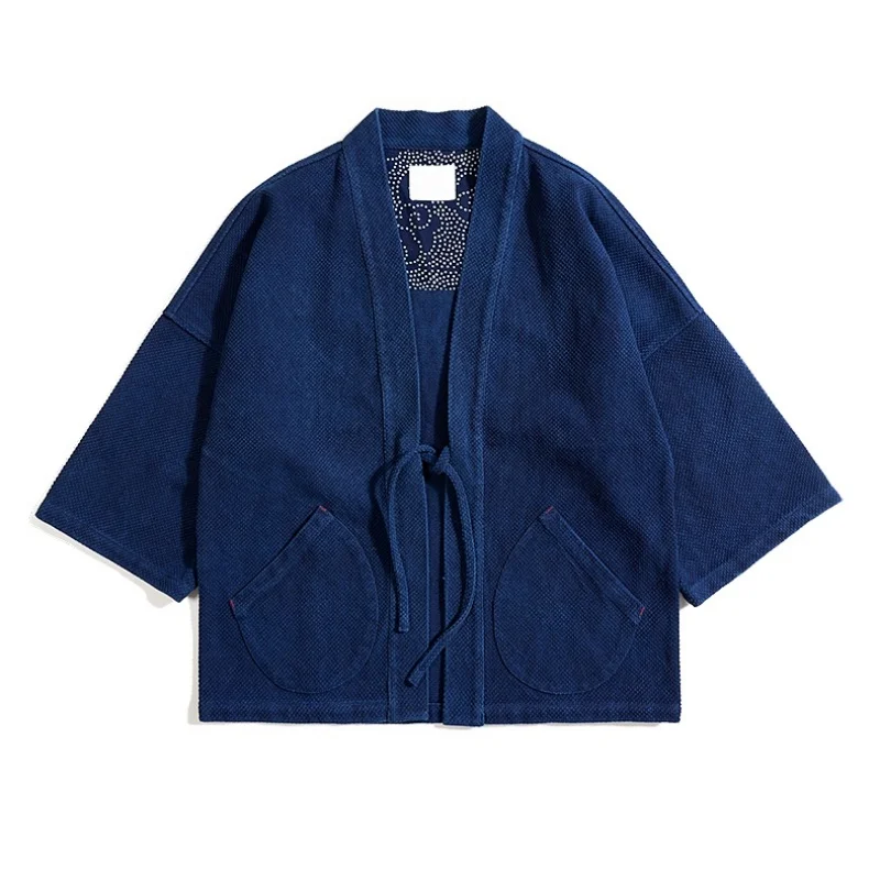 

Autumn Male Blue Dyed Loose Pockets Casual Jacket Cardigan Coat Vintage Heavy Weight Indigo Jacket Men Cotton Kendo Fabric Suit