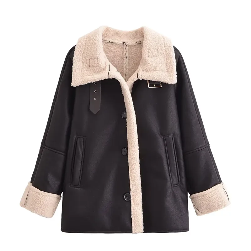 

Fashionable European American Style Long-Sleeved Fur Lapel One-Piece Outwear Loose Mid-Length PU Leather Women's Winter Jacket