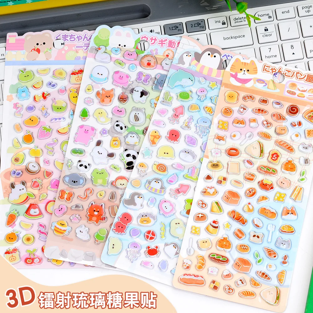 3D Crystal Candy Stickers Penguin Fruit Dessert Cute Animal Decals Journal Phone Decor Stationery