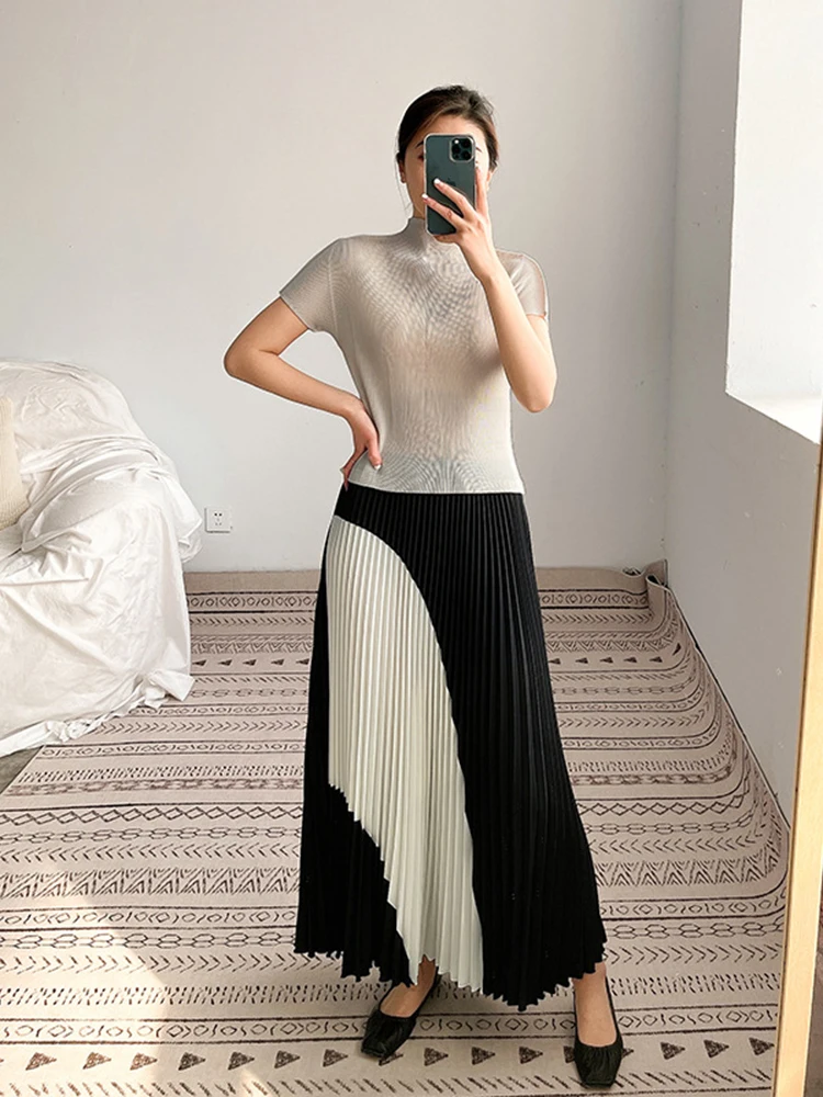 LANMREM Pleated Loose Skirts For Womem Color Block High Elastic Waist Irregular Elegant Skirt Female Elegant Clothing 2D1573