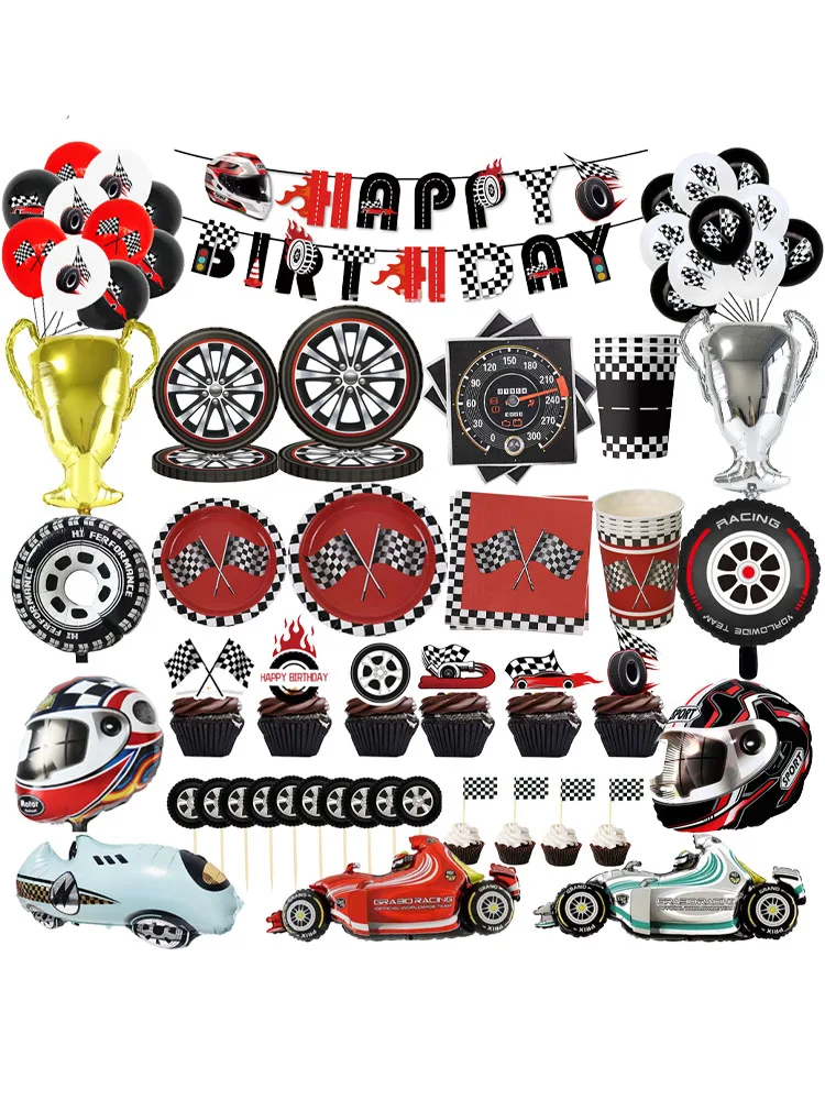 Fournitures de fête de voiture de course, vaisselle jetable, assiette en papier, tasse, serviette, pneu, ballon de voiture de course, décor de thème de course d'anniversaire pour enfants garçons