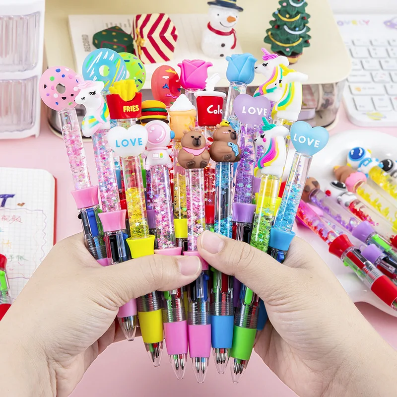 

30 шт./лот, креативные мультяшные милые струящиеся песочные четырехцветные шариковые ручки Kawaii, единорог, астронавт, студенческие канцелярские принадлежности, школьные призы
