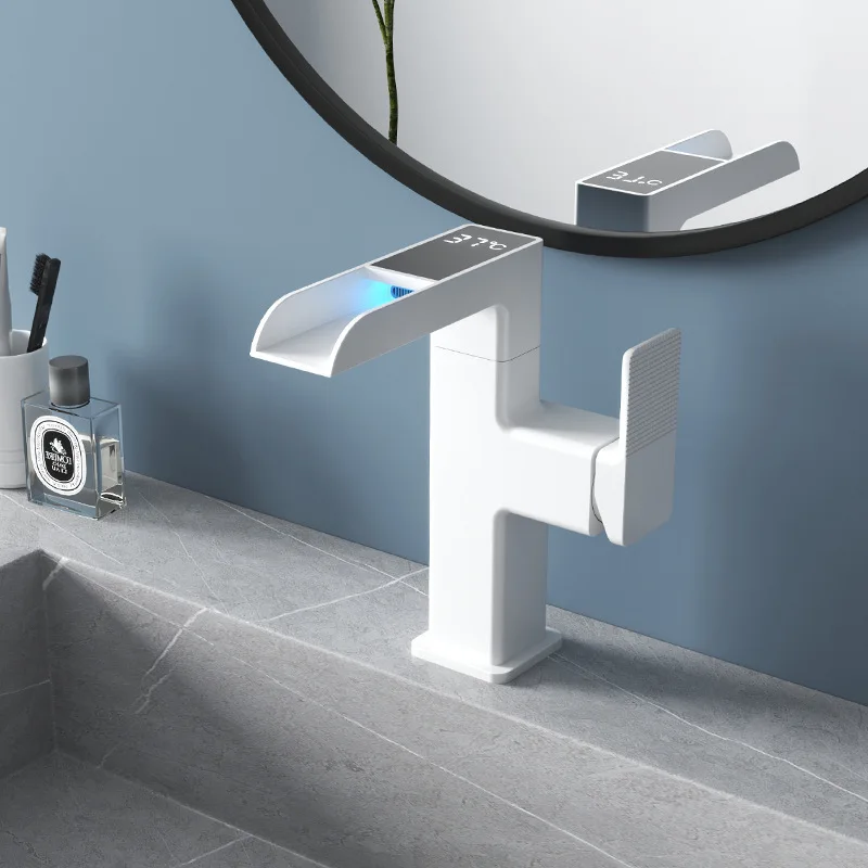 Basin Faucet Waterfall LED Light Temperature Digital Display 360 degree rotation Hot Cold Water Sink Mixer Wash Tap For Bathroom