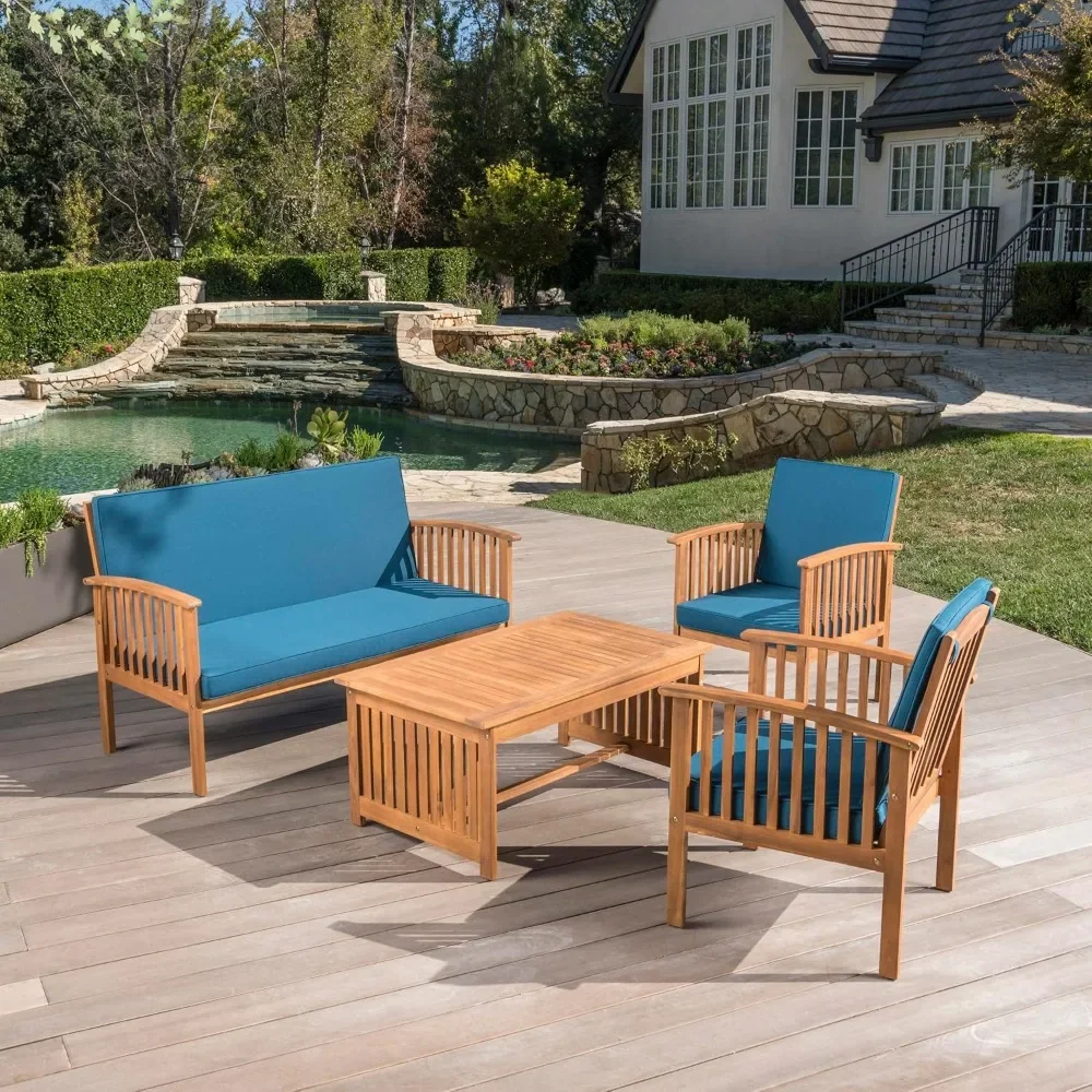 Outdoor 4 Piece Patina Acacia Wood Sofa Patio Furniture Sets with Cushions, 27.50