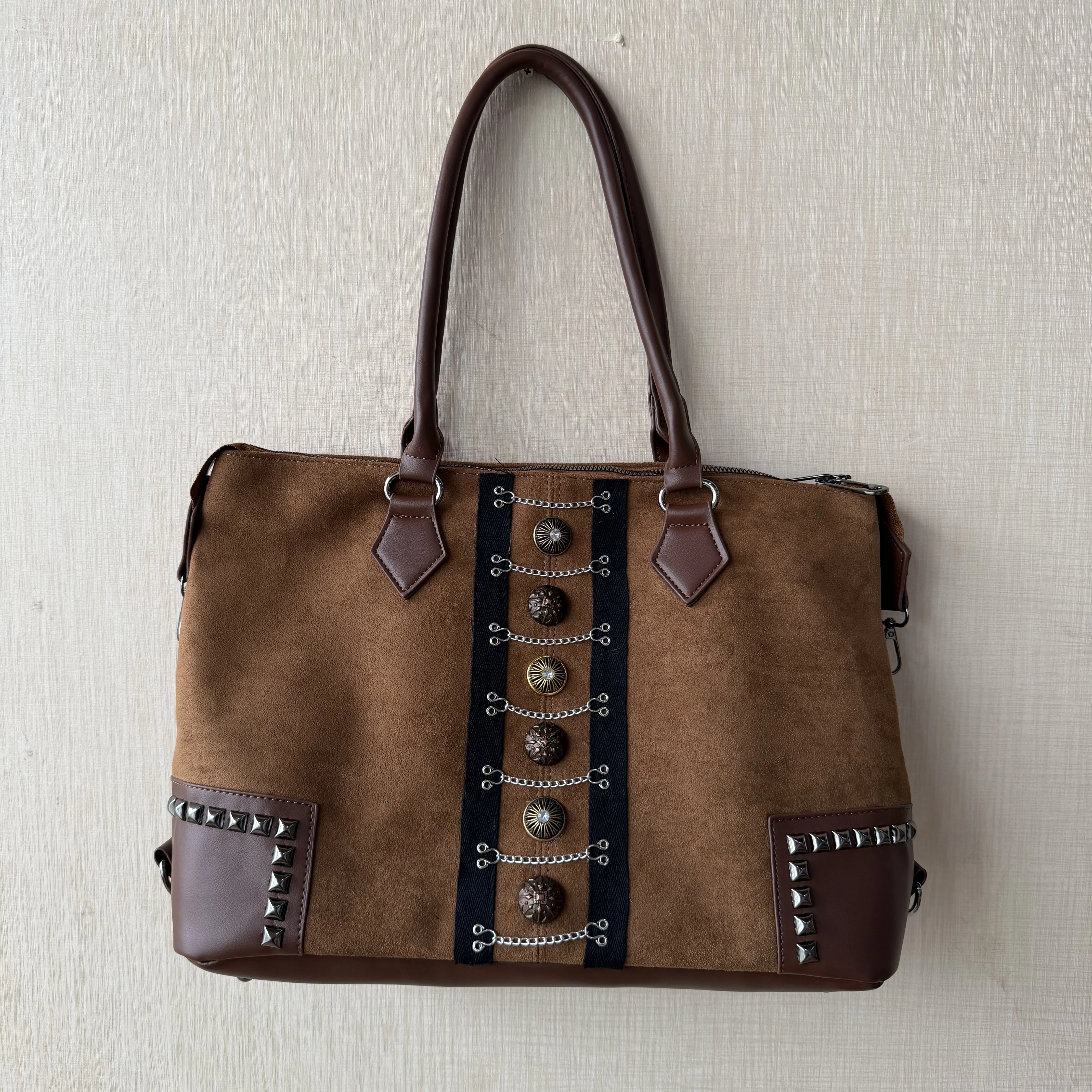

Original Vintage Suede Rivet Button Tote Bag Women's Large Capacity Commuter Chain Trim Bags for Women