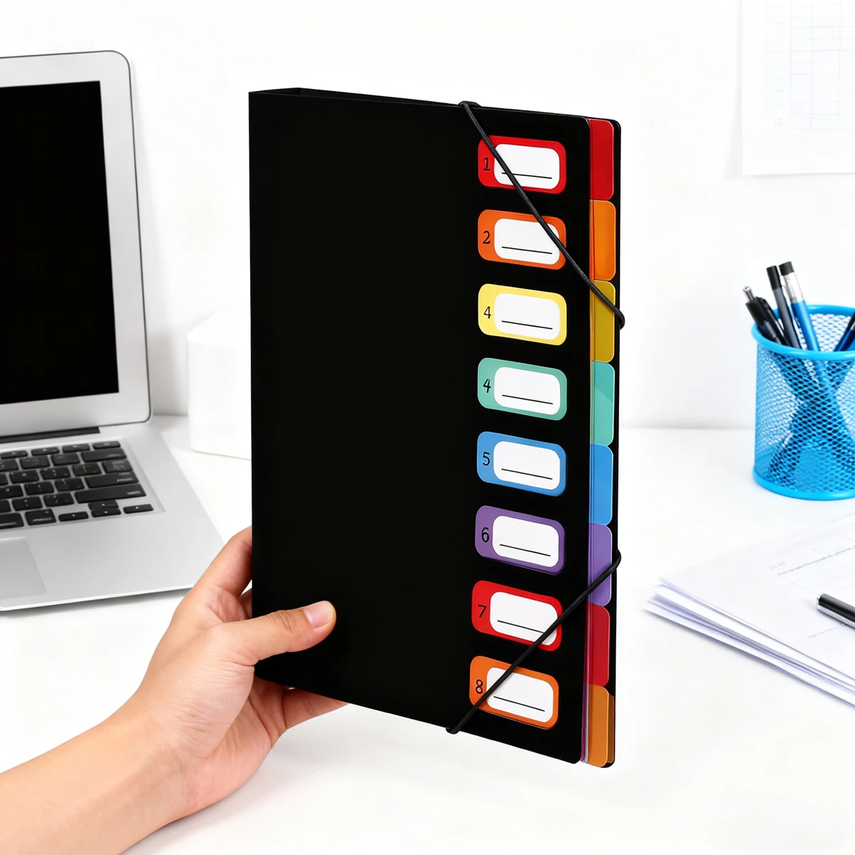 Multi-layer A4 document bag - with rainbow index labels and a color-coded calendar system for organizing office documents.