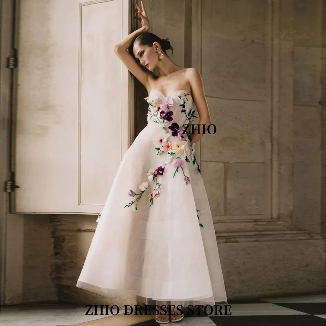 ZHIO A-Line3D زهرة عيد ميلاد تنورة طويلة بدون أكتاف عارية الذراعين بلا أكمام فستان سهرة فستان الزفاف مخصص