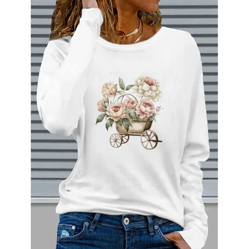 Women's Long Sleeve T-Shirt Vintage Peony Flower Cart Botanical Graphic Crew Neck Slim Fit Spring Fall Tops