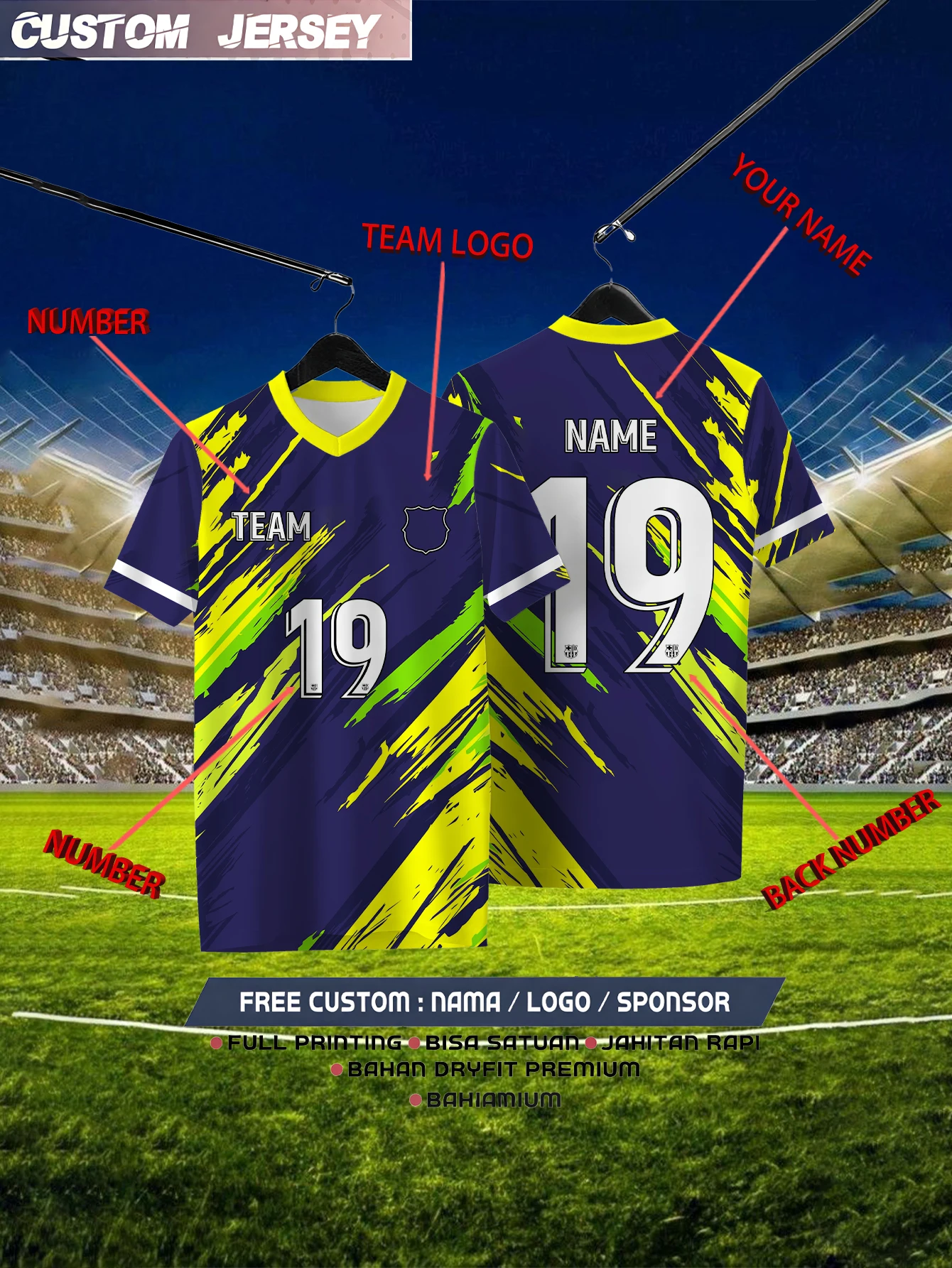 

Customized Geometric Navy Blue Short Sleeved Shirt with Team Name, Emblem, Name and Number, Outdoor Sports Short Sleeved T-shirt