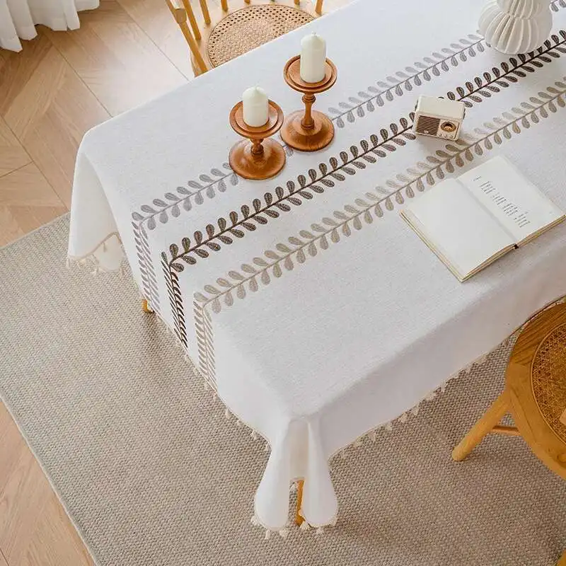 Nordic Embroidery Waterproof Cotton Linen Fabric Dining Table Cloth Rectangular Tassel Tablecloth