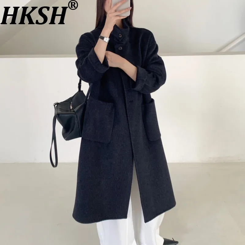 

HKSH Autumn Winter New Women Long Overcoat Stand Collar Pockets Single Breasted Korean Casual Ins Reversible Woolen Coat HK12637