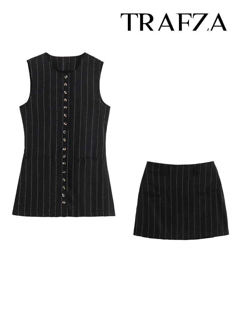 TRAFZA Summer Women Set Elegant Black Pinstripes Round Neck Single-breasted Sleeveless Vest Top + Pocket Zipper Mini Skirt Mujer