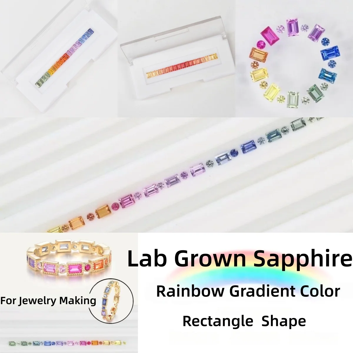

Rectangle Shape Lab Grown Sapphire Rainbow Gradient Loose stone 2x4mm 3x6mm For Bracelet Ring Necklace Jewelry Making