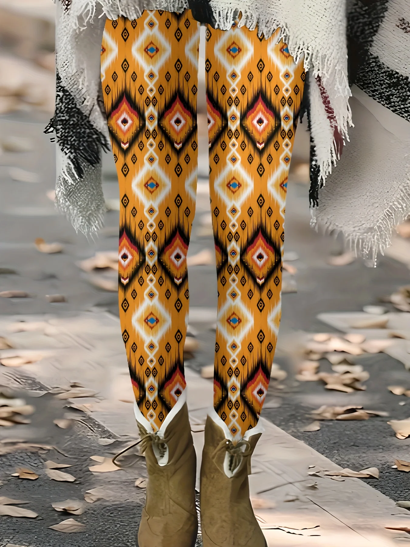Leggings con Estampado Ikat de Diamantes Naranjas para Mujer, Pantalones Casuales Elásticos con Diseño Tribal