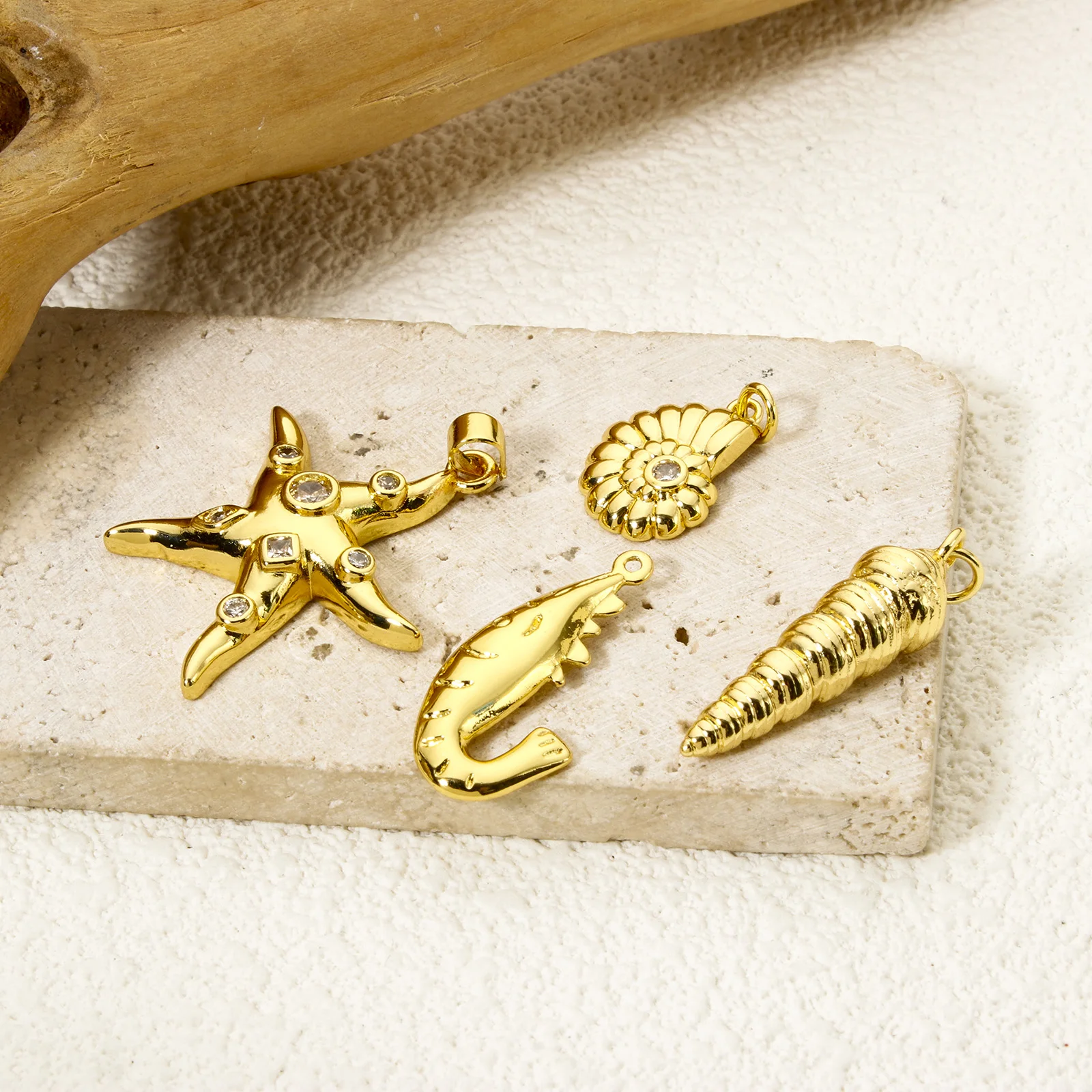 2 PCs Brass Ocean Jewelry Pendants For Jewelry Making 18K Real Gold Plated Shrimp Starfish Conch Charms DIY Necklace Findings