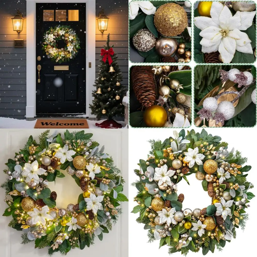 

24 Pre-lit Christmas Wreath with White Flowers, Gold Decor, Pine Cones & Berries for Indoor/Outdoor Use